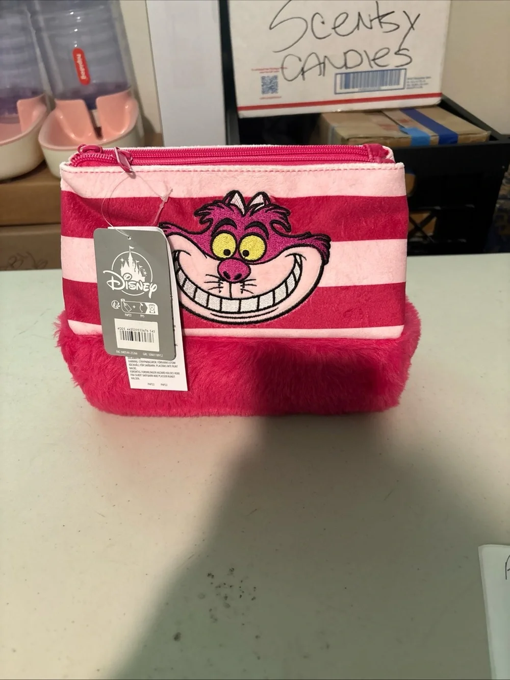 Disney Cheshire Cat Pink Striped Plush Zip Pouch new